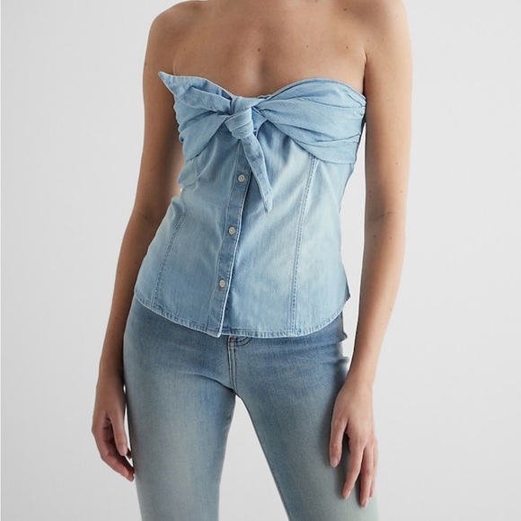 Denim Bow Button Up Tube Top - Picture 2 of 5